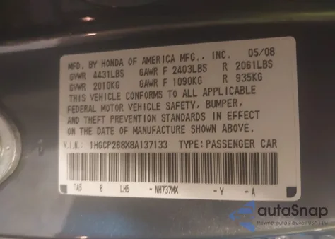 2008 Honda Accord 2.4 Ex-L from USA, damaged, VIN 1HGCP268X8A137133